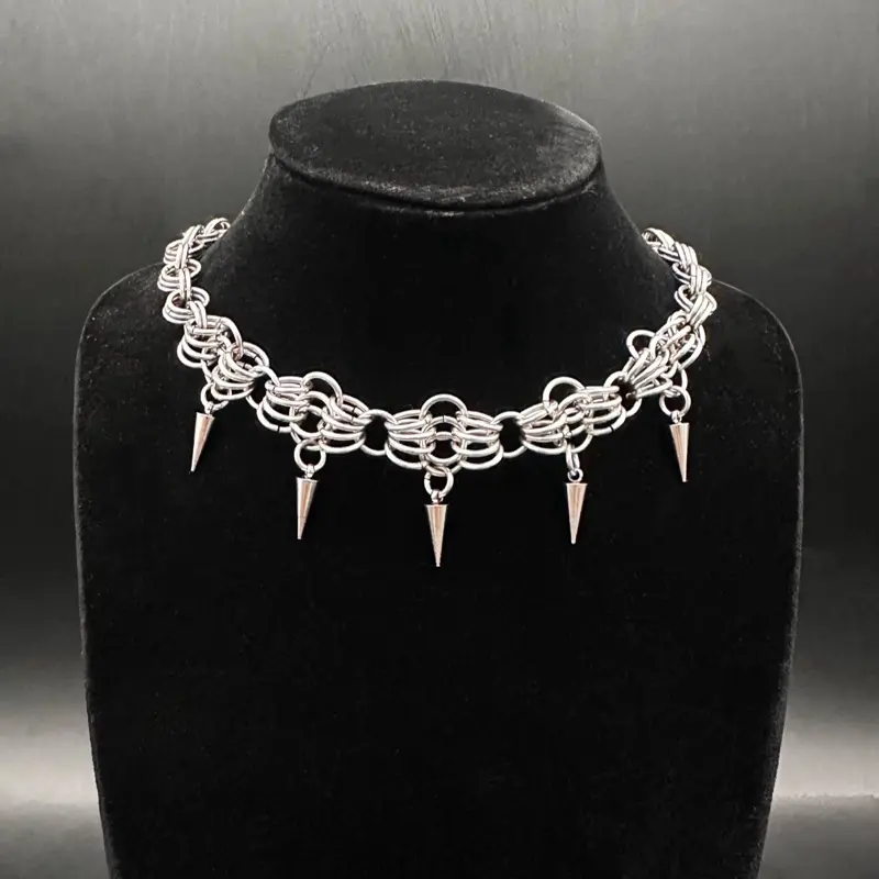 Handmade Silver Chainmail Spike Necklace Gothic Punk Choker with Unique Spikes for Edgy Style