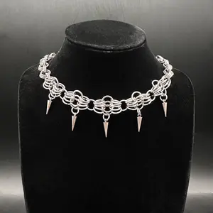 Handmade Silver Chainmail Spike Necklace Gothic Punk Choker with Unique Spikes for Edgy Style