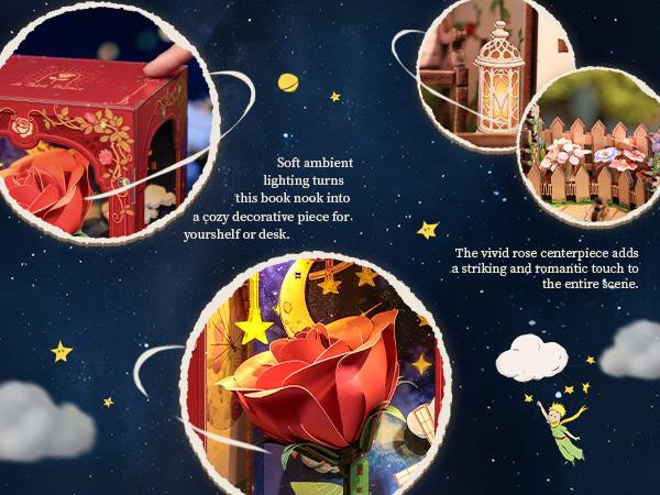 CUTEBEE x The Little Prince Unisex DIY Book Nook Kit - My One and Only Rose, Miniature Bookshelf Insert, Home/House Decor, Whimsical Room Decor Gift for Adults, Whimsical Home Decor