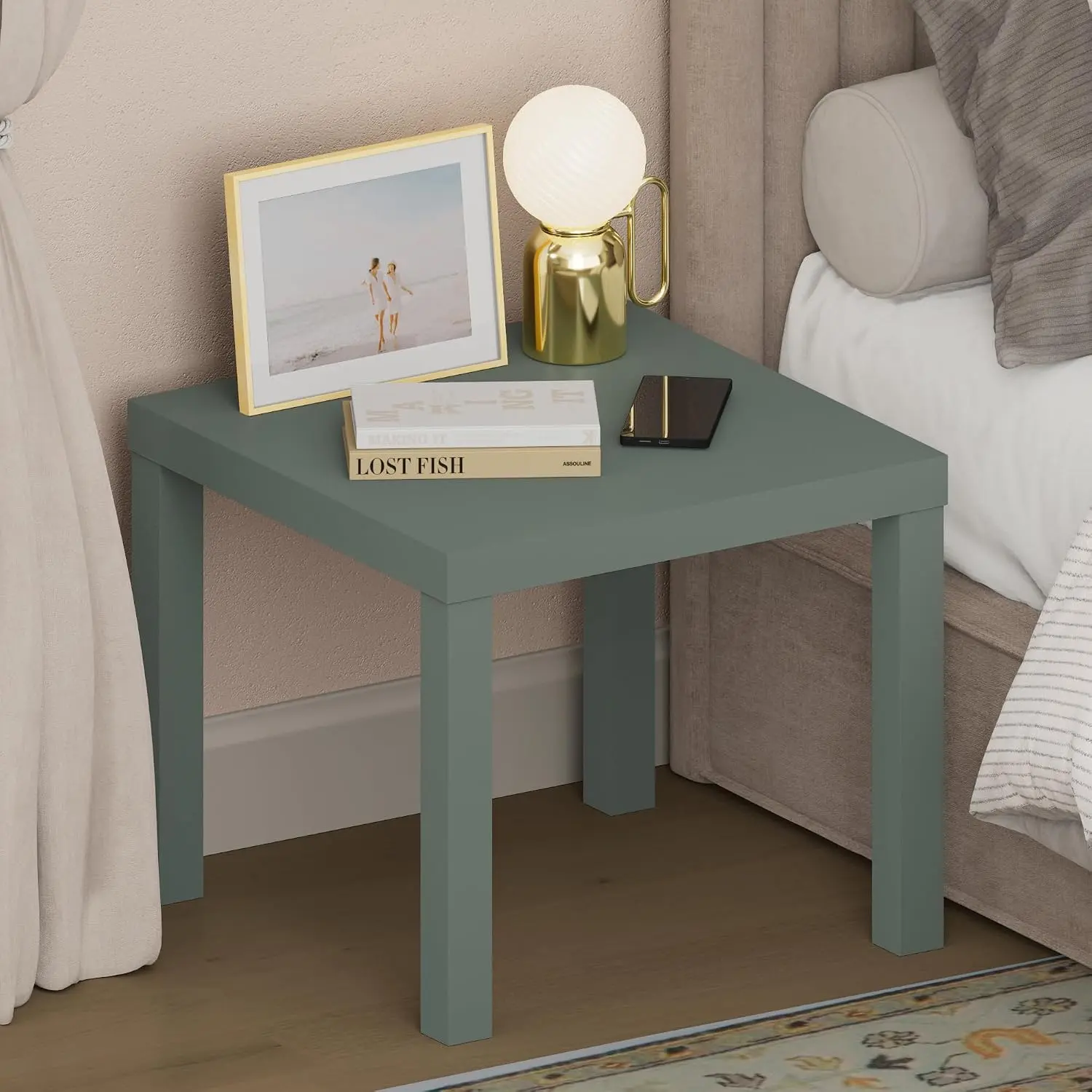 Furinno Classic Square Toolless Night Stand, Nightstand, Sage Green | 1.8" Thick Tabletop with 4-leg, No-tool Assembly Side Table, End Table, Bedside Table, for Bedroom, Closet, Dorm