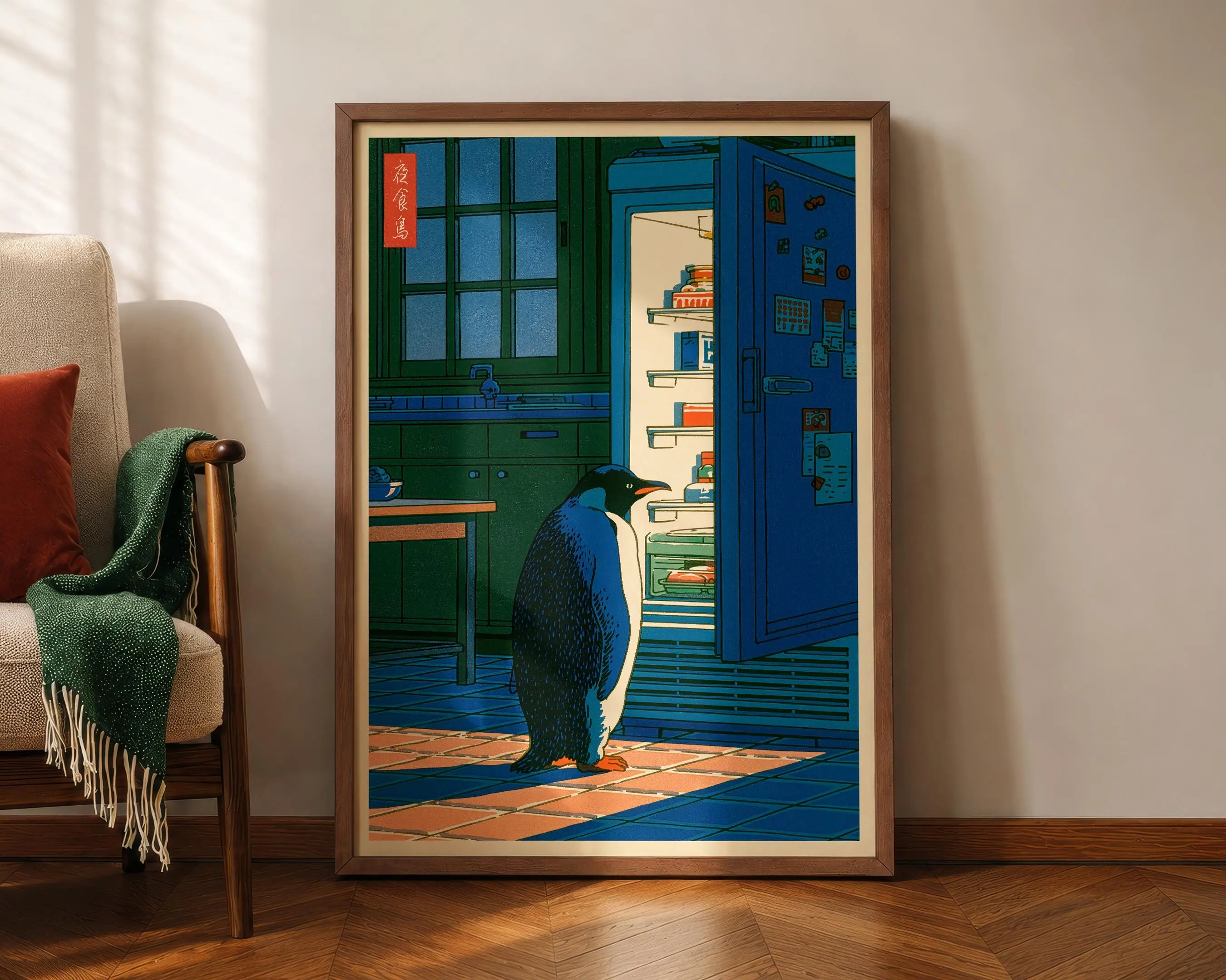 Japanese Penguin Poster, Penguin Fridge Print, Funny Kitchen Wall Art, Hasui Kawase Art, Hiroaki Takahashi Style, Shin-Hanga Wall Art