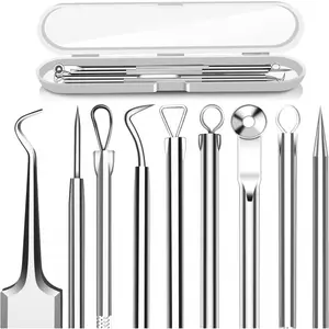 5PCS Professional Comedone Extractor Kit - Stainless Steel Blackhead Tools + Curved Tweezers, Hygienic Material Prevents Bacteria Growth, Compact Size Easy to Store/Carry