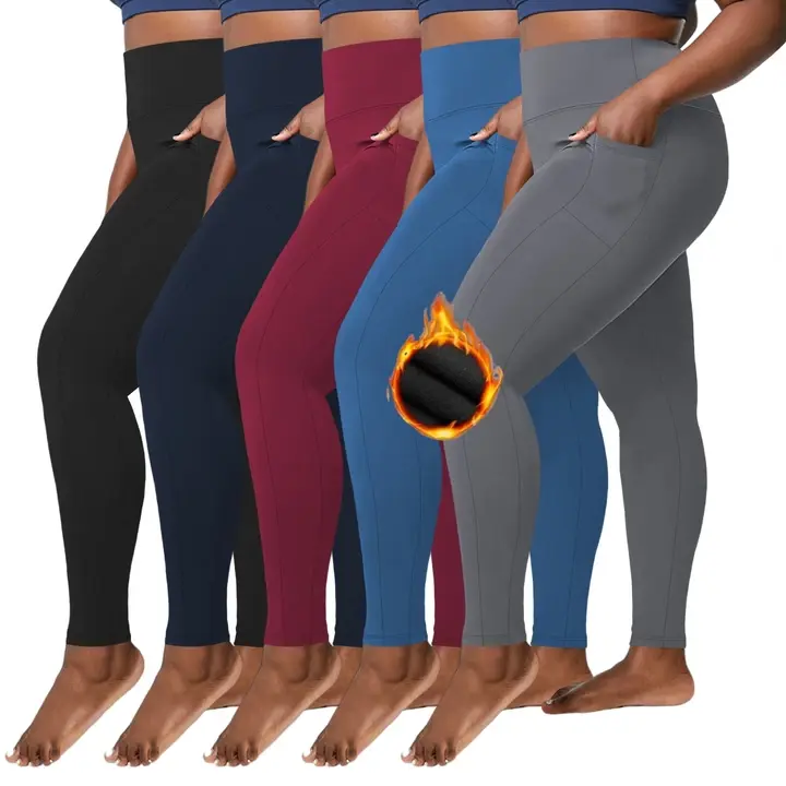 Women's Plus Size High Waisted Fleece Lined Leggings - 3/5 Pack, Stretchy X-Large-5X, Thermal Pockets, Female Sporty Chic for High Waisted Yoga, Work, Plaid Winter Athletic Pants, Basics, Polyester Blend, Leggings With Pockets