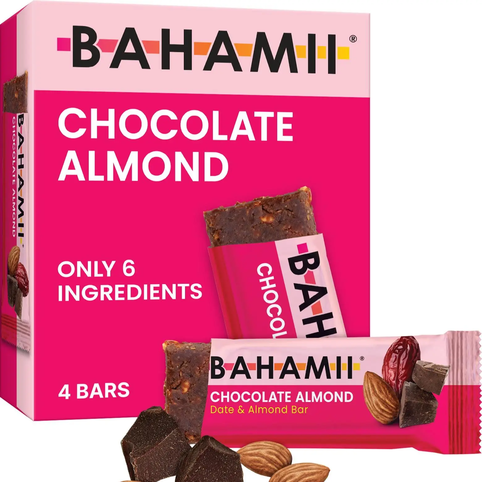 BAHAMII Chocolate Almond Date Bars: Vegan, Gluten-Free, No Added Sugar, Good Source of Fiber Energy Snack (4-Bars)