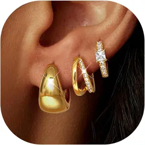 YADOCA 3Pairs Gold Hoop Earrings Set for Women Trendy Huggie Hoop Earrings Stacks for Multiple Piercing 14K Plated Gold Chunky Hoop Earrings Set Hypoallergenic Cartilage Earring Lightweight
