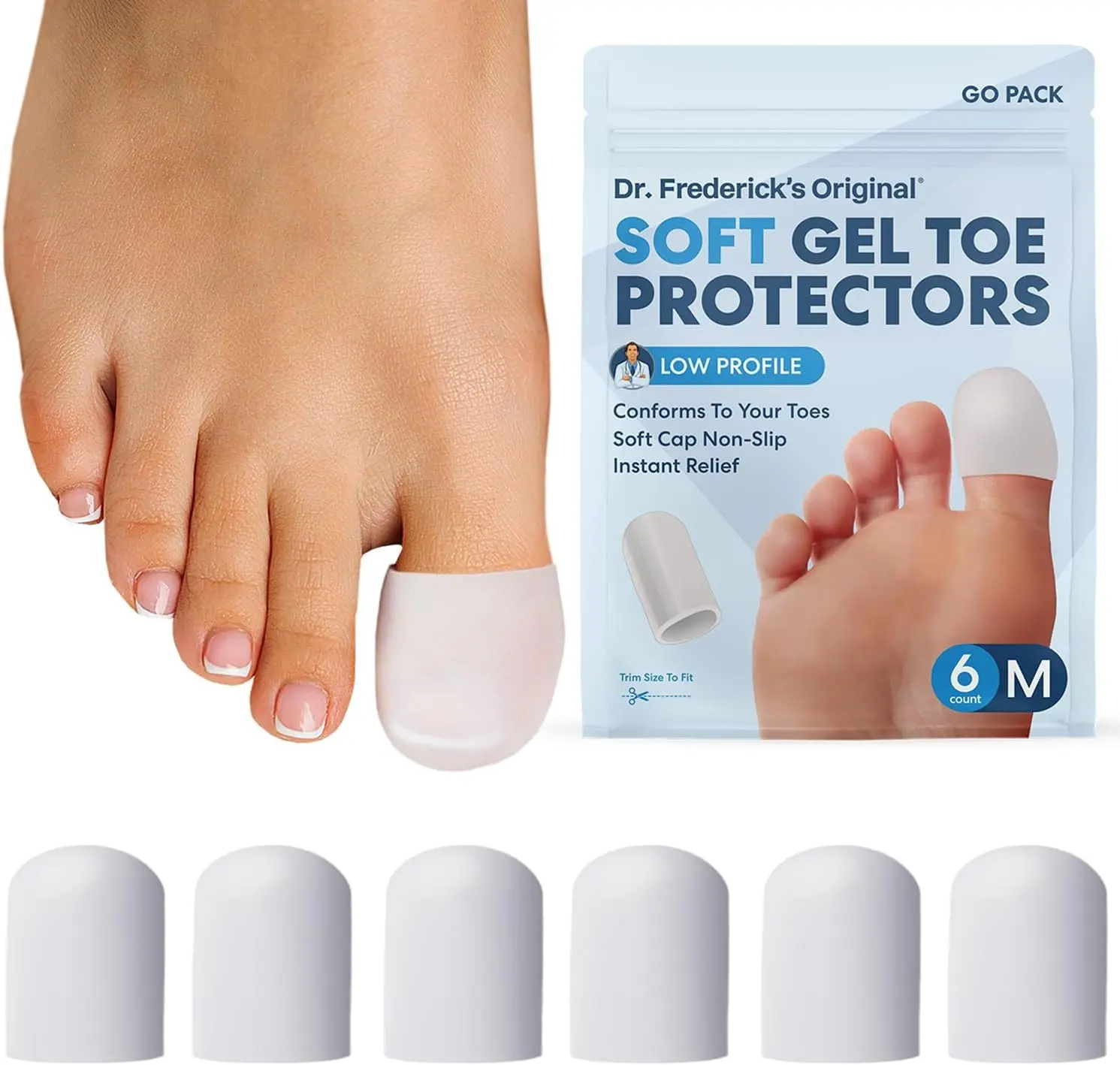 Dr. Frederick's Original Gel Toe Protectors - 6 ct - Toe Caps for Foot Pain Relief - Sleeves for Ingrown Toenails, Corns, Calluses, and Blisters