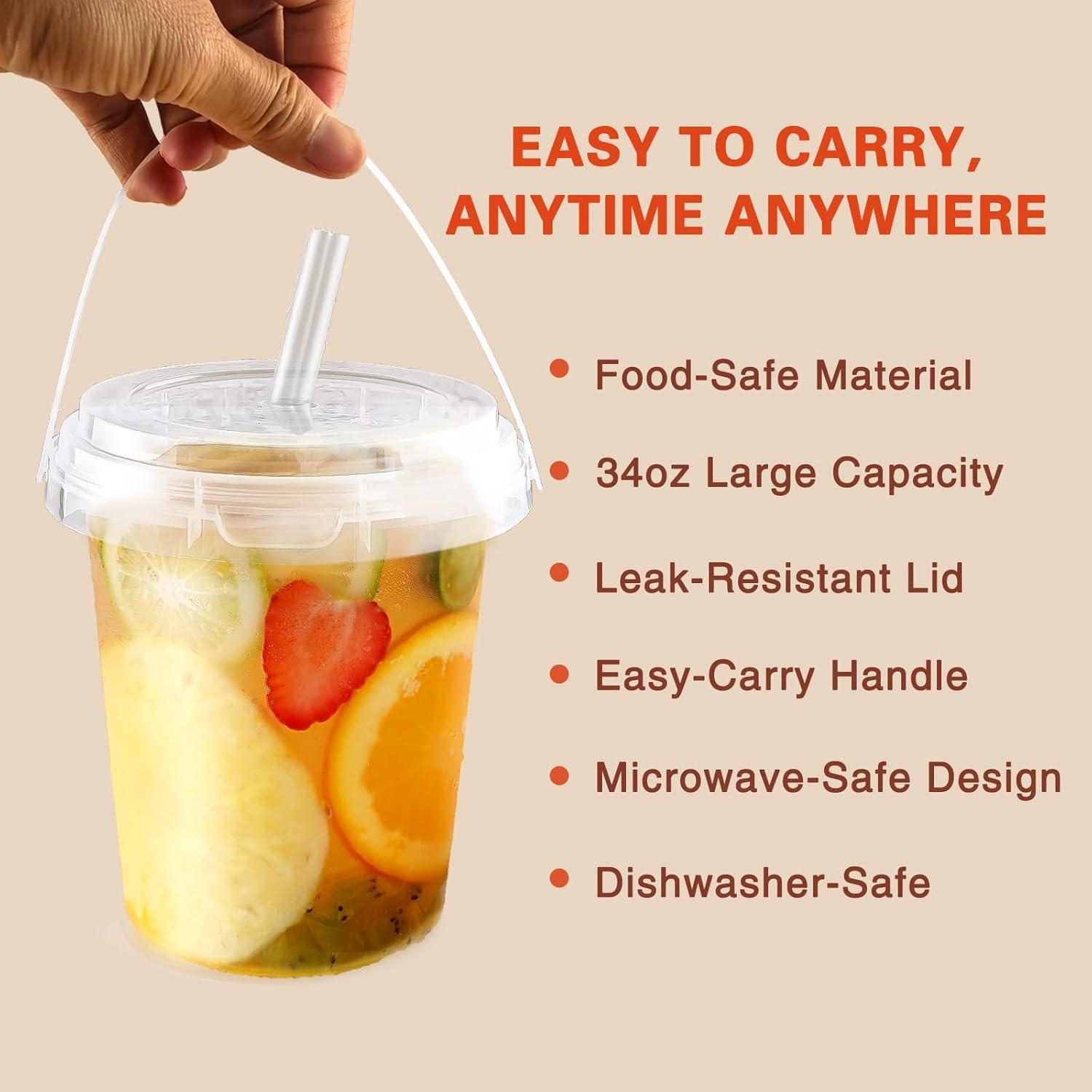 Disposable Plastic Drink Buckets with Lids, Straws, Clip-Ons - 34oz Food-Safe PP, Lightweight Transparent Leak-Proof Portable Handle Cups (15-Pack,30-Pack) Stackable for Outdoors, Bonfire, Christmas Ceremony | Disposable Tableware Supplies Disposable Plastic Drink Buckets with Lids, Straws, Clip-Ons - 34oz Food-Safe PP, Lightweight Transparent Leak-Proof Portable Handle Cups (15-Pack,30-Pack) Stackable for Outdoors, Bonfire, Christmas Ceremony | Disposable Tableware Supplies