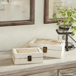 Set of 2 White Wooden Decorative Box with Hinged Lid