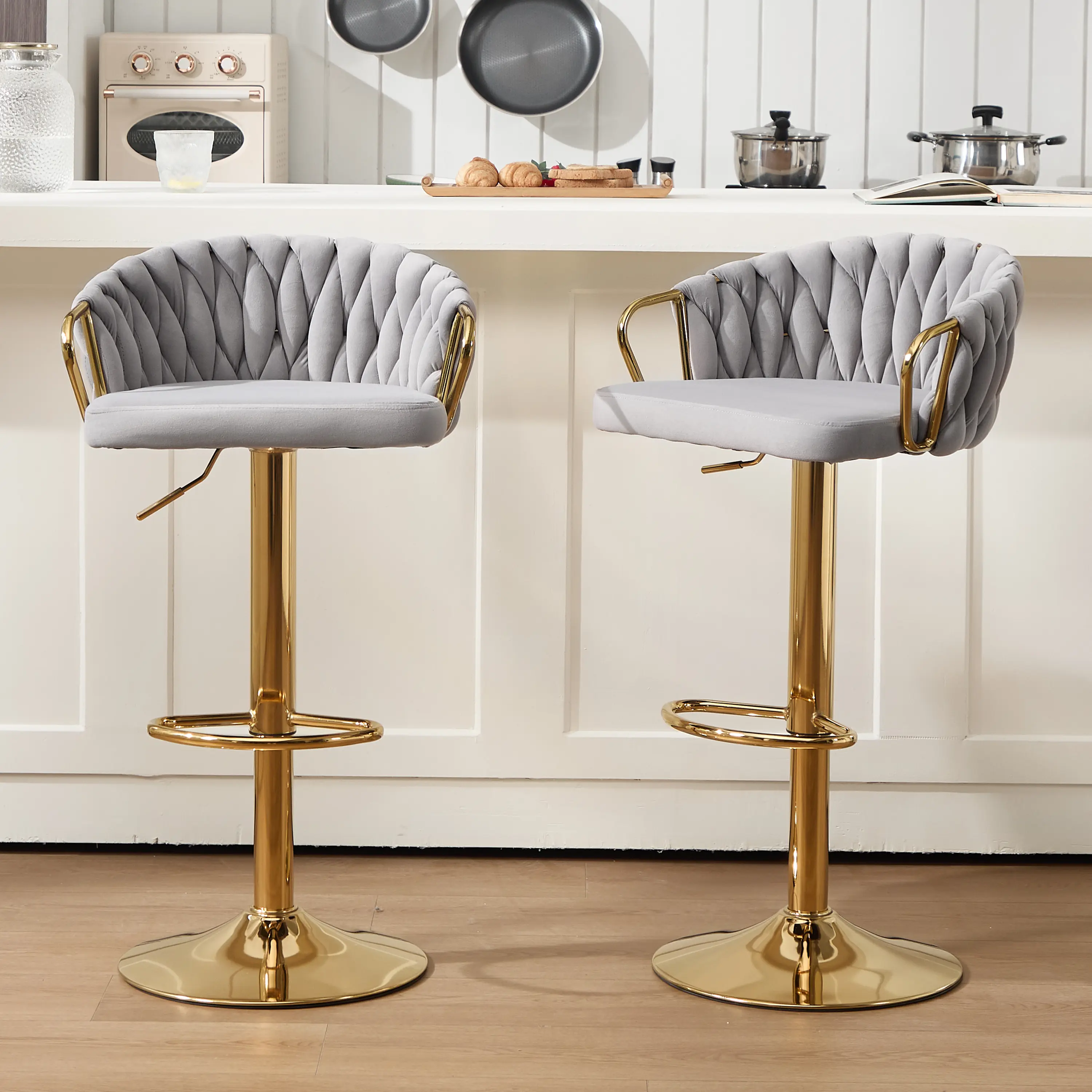 Lessmore Modern Luxury Velvet Swivel Bar Stools - Adjustable Height Counter Stools with Arms, Woven Back, Velvet Metal Gold Base for Kitchen Island, Dining Room