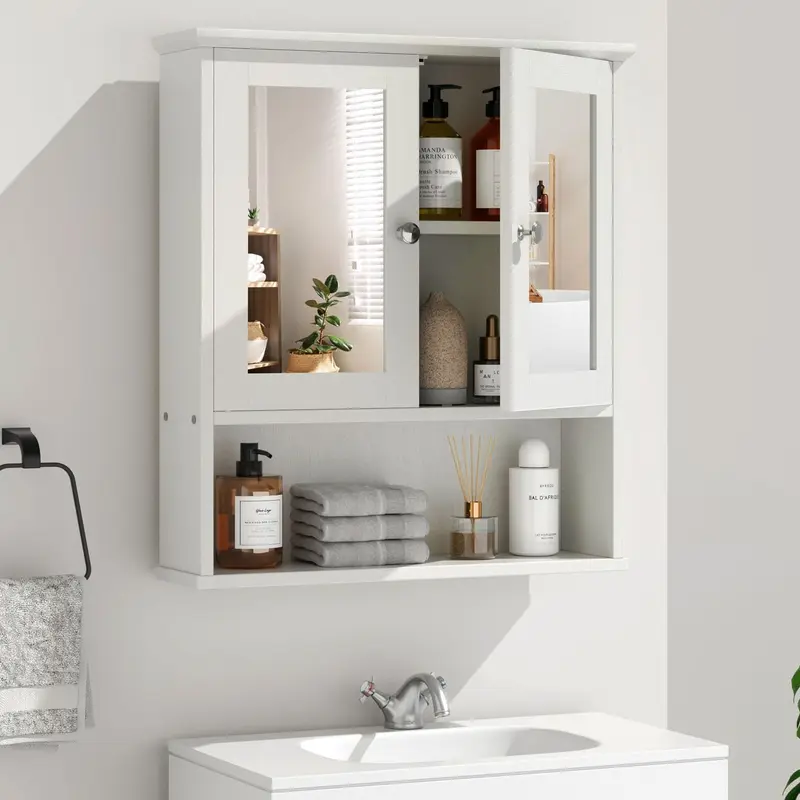 Walsunny Bathroom Medicine Cabinet, Wall Mount Storage Cabinet with Mirror, 2 Doors 3 Open Shelf, Wood Organizer Over Toilet/Laundry/Kitchen, White