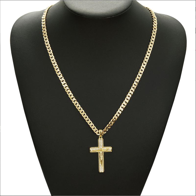 God’s Blessing for Dad! ️ Gold Cuban Chain with Cross Pendant – 24 Inch Figaro Link Necklace – Father’s Day Christian Gift initial cross necklace Gold Plated Cuban Chain Cross Necklace hip hop religious jewelry Trendy Jewellery Accessories cuban chain