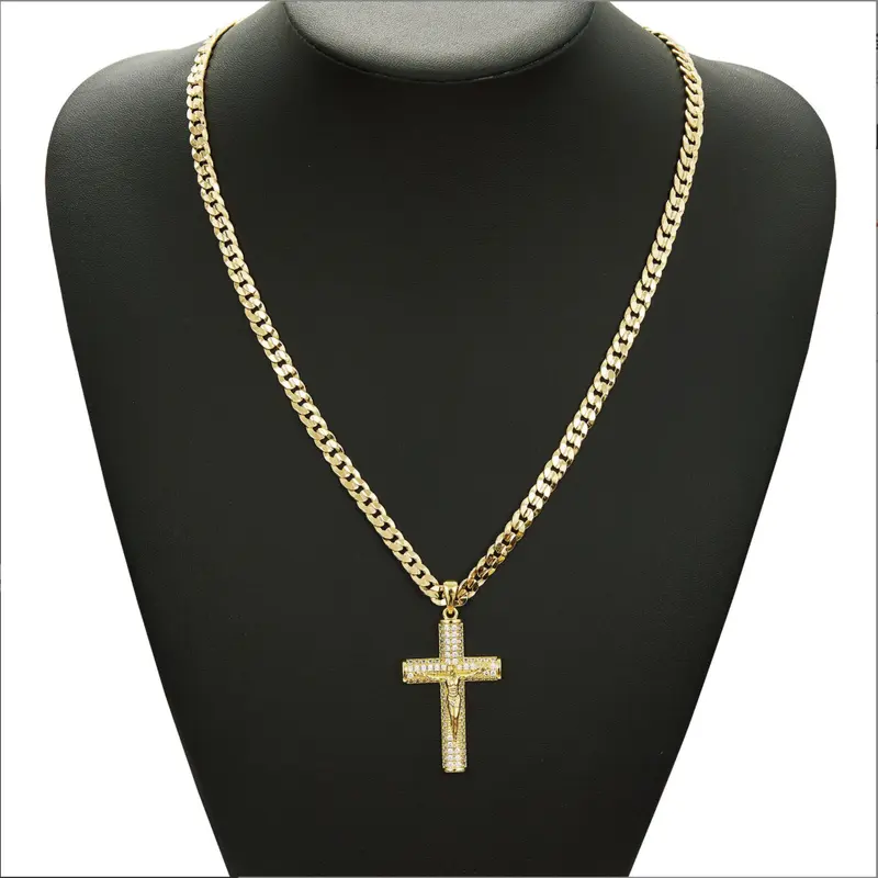 God’s Blessing for Dad! ️ Gold Cuban Chain with Cross Pendant – 24 Inch Figaro Link Necklace – Father’s Day Christian Gift initial cross necklace Gold Plated Cuban Chain Cross Necklace hip hop religious jewelry Trendy Jewellery Accessories cuban chain