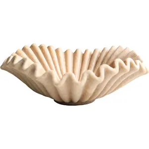 Large Handmade Decorative Fan Shaped Ruffle Bowl Stylish Key Bowl for Entry Table Decorative Fruit Bowl for Kitchen Counter Beige Artificial Stone Modern Home Decoration