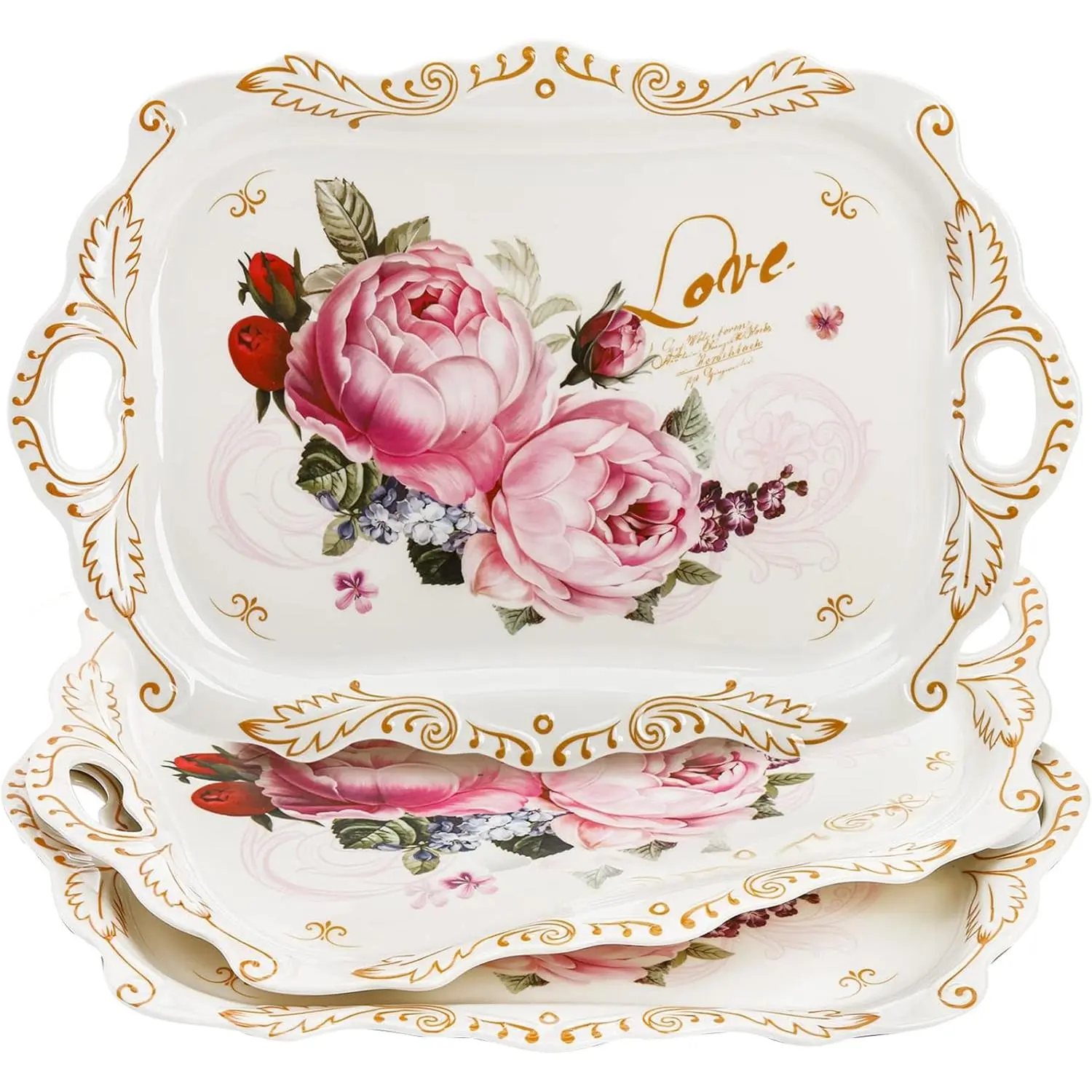 3-Pack Melamine Serving Trays, Stackable Floral Print Food Trays with Handles, Unbreakable 16"L x 11"W Rectangle Plates for Party Setup, Gift, Home Use, Featuring Flowers Design