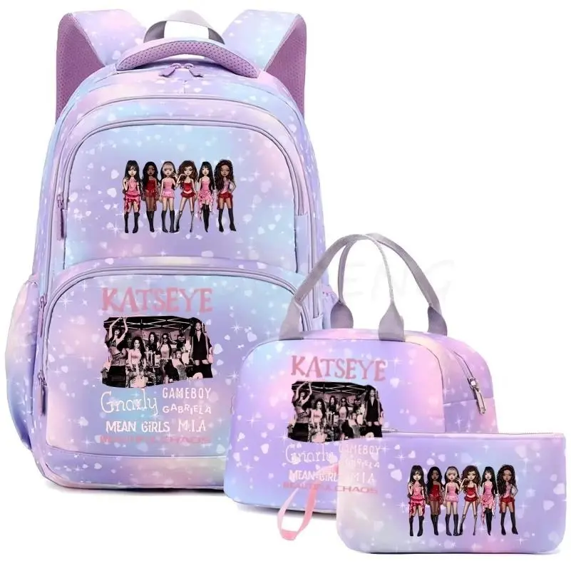 KATSEYE School Backpack Set for Girls - Purple Starry Music Group Bookbag 3PCS Bundle with Lunch Bag & Pencil Case, Large Capacity Travel Bag