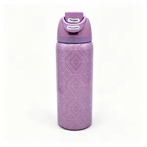 Owala 32oz FreeSip Insulated Stainless Steel Water Bottle with Push Button Lock Lid, Leakproof BPA-Free Purple Geometric Tumbler with Built-In Straw for School, Gym & Travel Sports