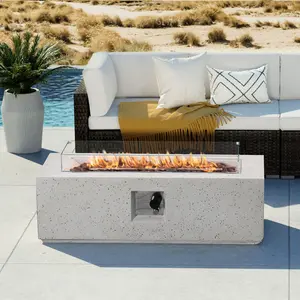 Outdoor Propane Fire Pit Coffee Table, Terrazzo Rectangle Base Patio Heater w Stainless Steel Burner, Wind Guard, Free Lava Rocks and Rain Cover