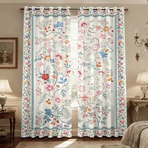 Millefleur Printed Blackout Curtains, Floral Print Chintz Pattern Room Divider Sunshade Curtains Panels With Grommet for Living Room Window Drape for Bedroom,Dining Room-2 Panels