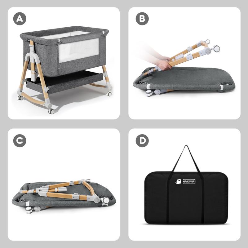 HARPPA 3-in-1 Foldable Baby Bassinet Bedside Sleeper, Rocking Bassinet with Mattress & Cover, Height Adjustable Bassinet for Baby with Wheels, Crib For Infant