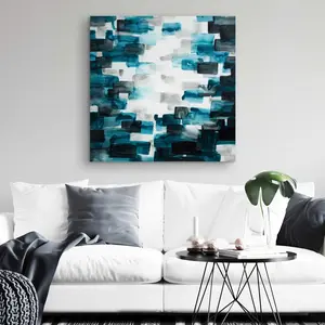 212 MAIN Minimalist Abstract Square Grid Art Print - 32x32 in. Turquoise & Gray High-Def, Modern Artistic Home Decor Decoration for Bedroom