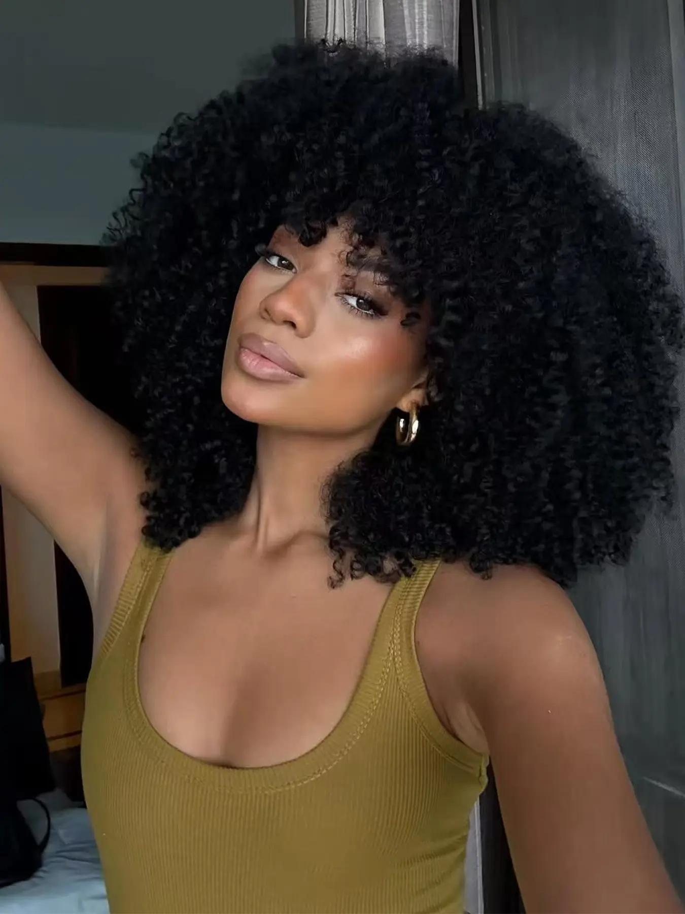 Afro Curly Wig with Bangs 14 Inches Synthetic Kinky Edge Afro Wig for Women about 300g/Pcs Heat Resistant Black Short Kinky Curly Wigs for Daily Party Curly Hair Wig