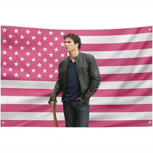 Damon Salvatore Vampire Diaries Inspired Pink American Flag 3x5ft Wall Hanging Poster - Durable Fabric with 4 Grommets, TV Show Decor for Bedroom, Living Room, Dorm, Concerts & Holiday Gifts, Vampire Decor