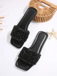 High-Quality Fashionable Women's Flat Sandals, Flat Heel, Colorful Sequins Pearl Rhinestones, Earth Tone Outdoor One-Piece Flat Slippers