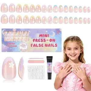 16 Sizes Press on Nails Kit for Kids - 32 Pieces French Almond Fake Nail Tips for Girls 8-12 Years Old with Jelly Nail Adhesives & No-Lamp Nail Glue, Birthday Christmas Gifts(Colorful Flower)