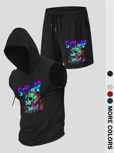 Men's Neon Skull Two-Piece Set, Punk Street Style Vest Shorts, Wild Spirit Design, Trendy Fashion for Men