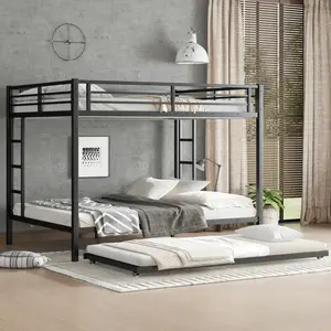 Queen over Queen Bunk Bed with Twin Size Trundle,Heavy-Duty Metal Bunk Bed Frame, Noise Free, Black