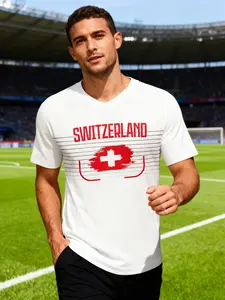 2026 World Cup Switzerland Flag T-Shirt, All over Print Sporty Tee for Fans, Geometric Design, Fitted Short Sleeve Shirt