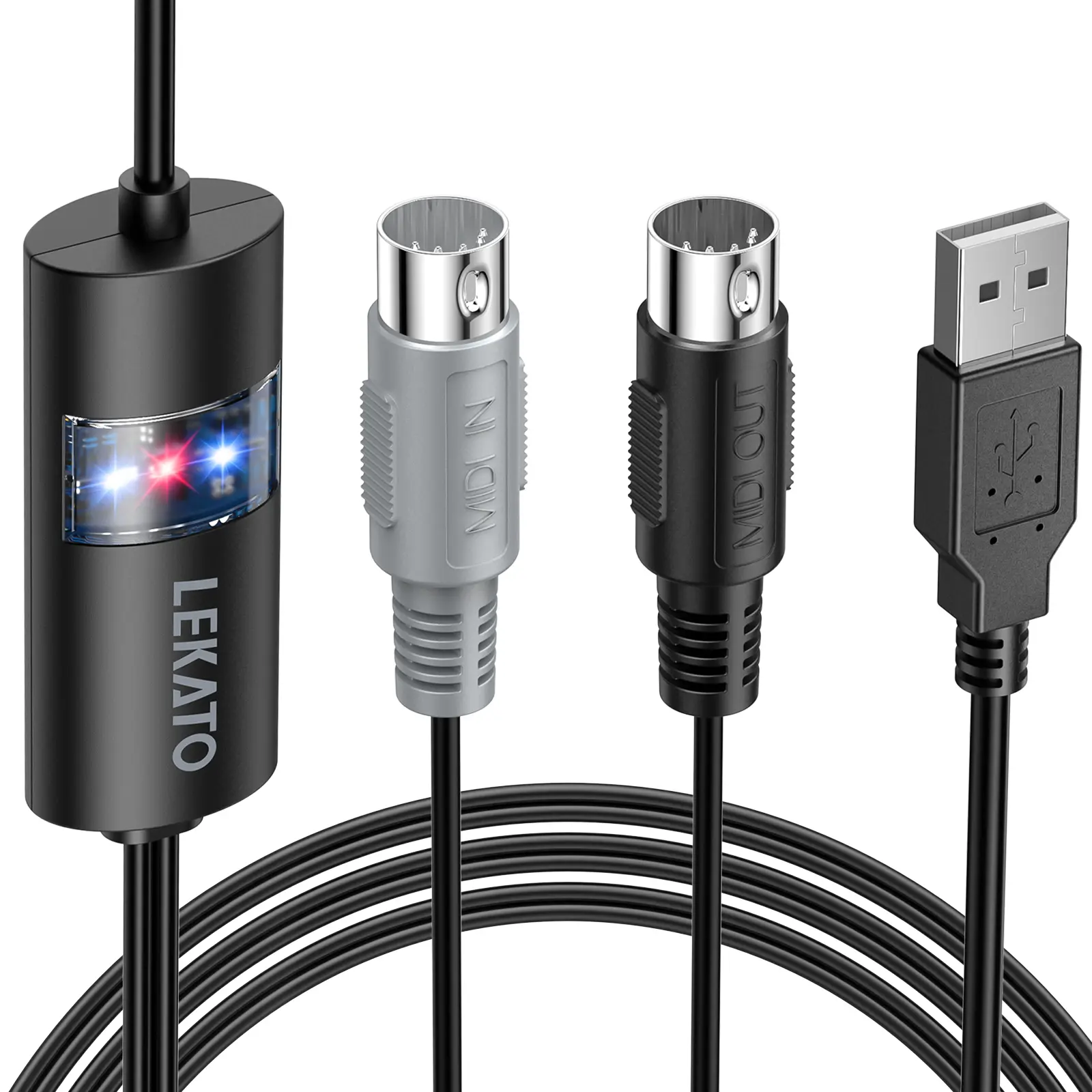 LEKATO USB MIDI Interface Connecting Piano Keyboard/Synthesizer for Editing & Recording, with Input & Output, -6.5Ft, Professional MIDI Cable Adapter with Windows/Mac for Studio