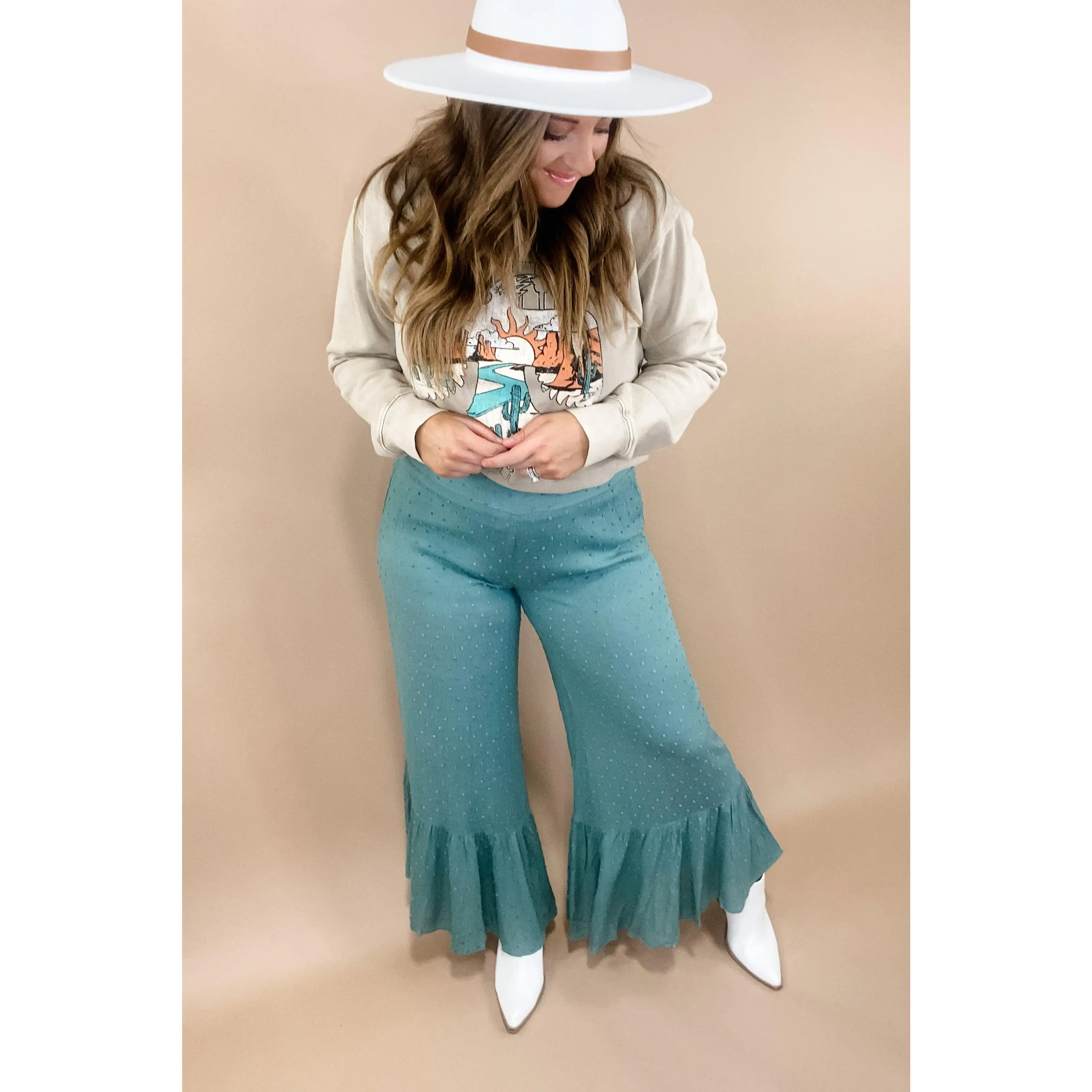 Causing Commotion- {Lilac & Teal} Swiss Dot Asymmetrical Ruffle Pants