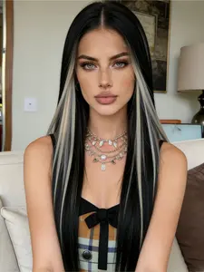 White Highlight Black Lace Front Synthetic Wig 28-Inch Ombre Straight Heat Resistant Wig Pre Plucked Natural Hairline 13x4 HD Transparent Lace Free Part for Daily Use