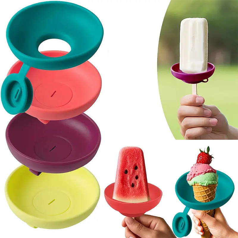4PCS Silicone Popsicle Holder Stand Set, Leak-Proof Kitchen Utensils with Drip Guard for Ice Cream Cones & Ice Pops, Portable Kids Summer Snack Holder, Dishwasher Safe