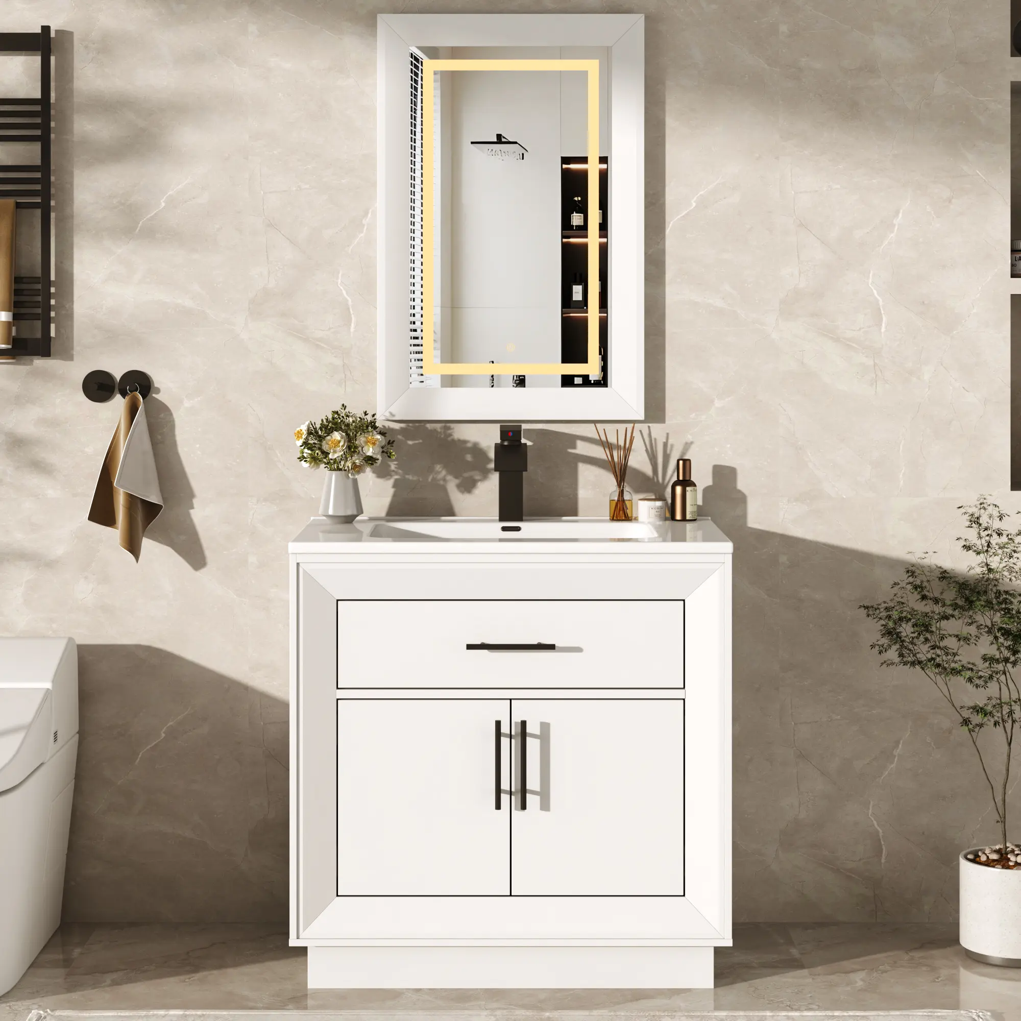 【2Packages Shipping】30" Bathroom Vanity w/Sink Top & LED Mirror & Faucet, Bathroom Vanity Storage Cabinet with 3-Color Lighting, Tip-Out Drawer, Rustic Wood Frame Bath Storage Vanity with Ceramic Sink,White/Rustic Brown