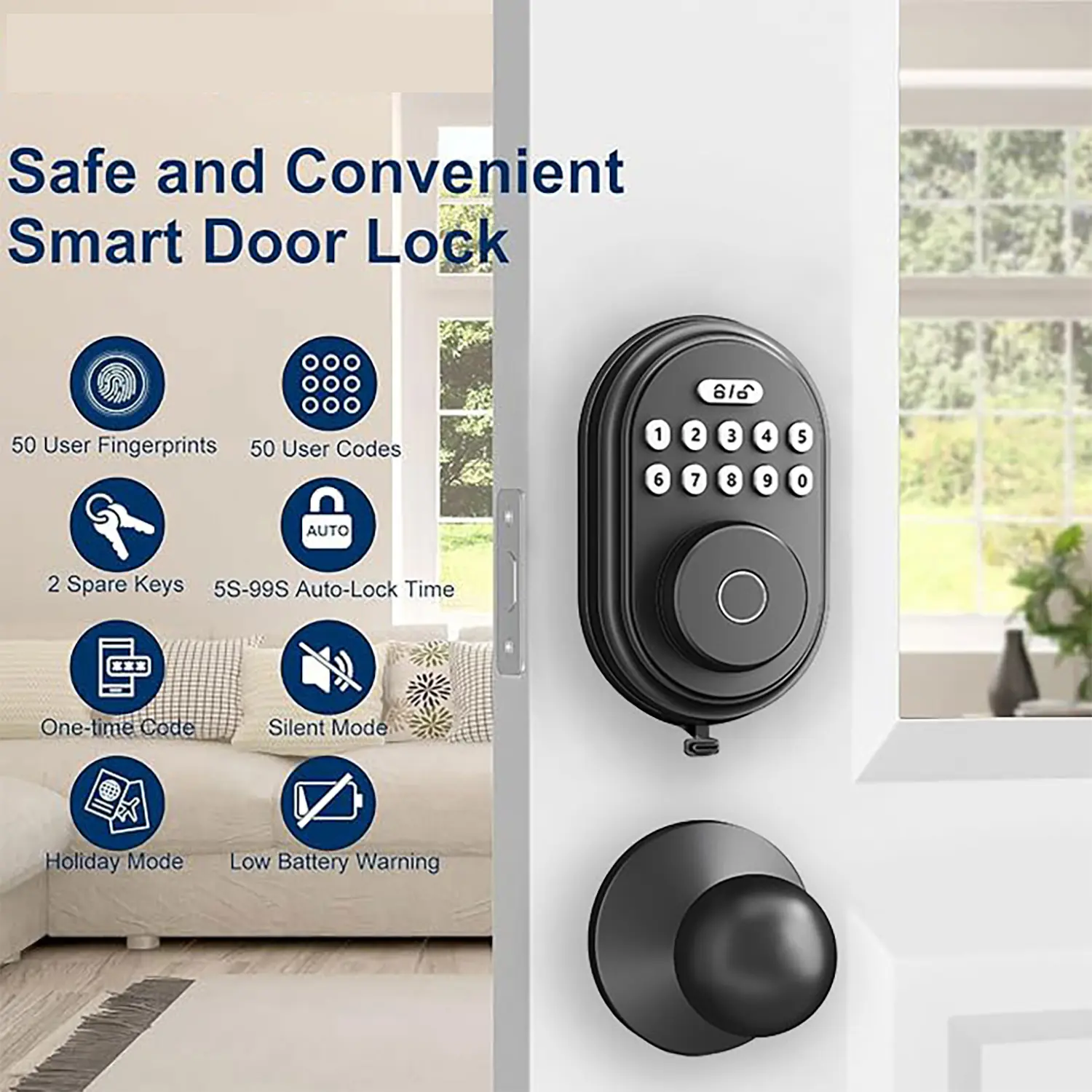 Biometric Scan Fingerprint Door Lock Deadbolt for Entry Doors - 5s-99s Auto-Lock Time, 50 User Codes, Fingerprint-Keypad-Key Access, 1-Time/Anti-Peeking Password, Silent Mode, Constant Unlock Mode, Batteries Required, Indoor-Outdoor Use