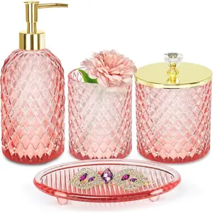 Bathroom Accessories Set, 4 count Glass Bathroom Accessory Set Complete w/Soap Dispenser,  Holder, Qtip Holder, Vanity Tray,  Bathroom Set Decor,  for Girl  Apartment