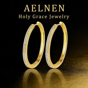 AELNEN S925 Sterling Silver Gold-Plated Cubic Zirconia Hoop Earrings - Pave CZ Accented Oval Huggie Hoop Earrings for Women