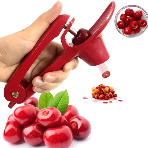 Cherry Pitter Heavy-Duty Stainless Steel Olive & Cherry Corer Tool with Space-Saving Lock Design Red Multi-Function Stoner for Jam Making