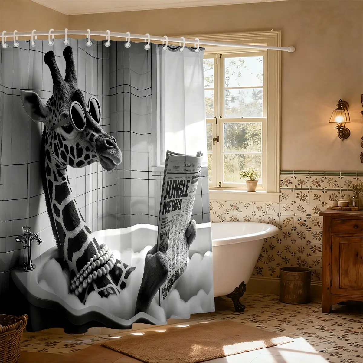 1 funny black and white giraffe shower curtain wearing sunglasses and pearl necklace reading newspaper giraffe bathing print bathroom scene waterproof shower curtain