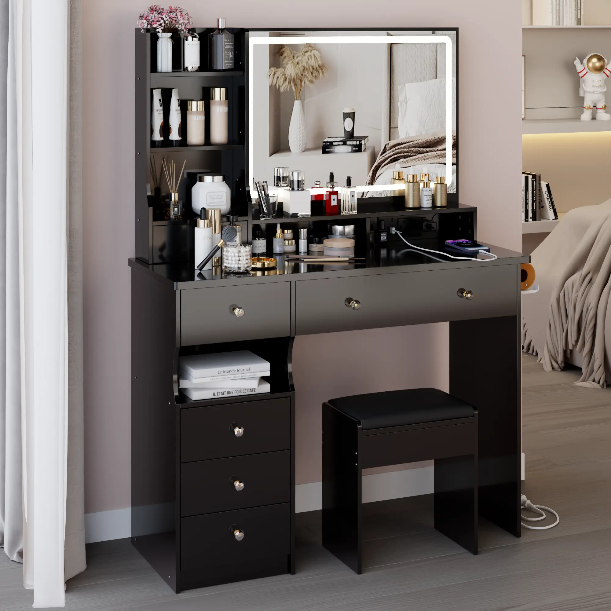Luxury Large Makeup Vanity Set with LED Mirror 27x20, Charging Station, Hair Dryer Holder & Touch-Control Lighting, Includes Padded Stool, Makeup Vanity With Lights, Beauty Vanity Set