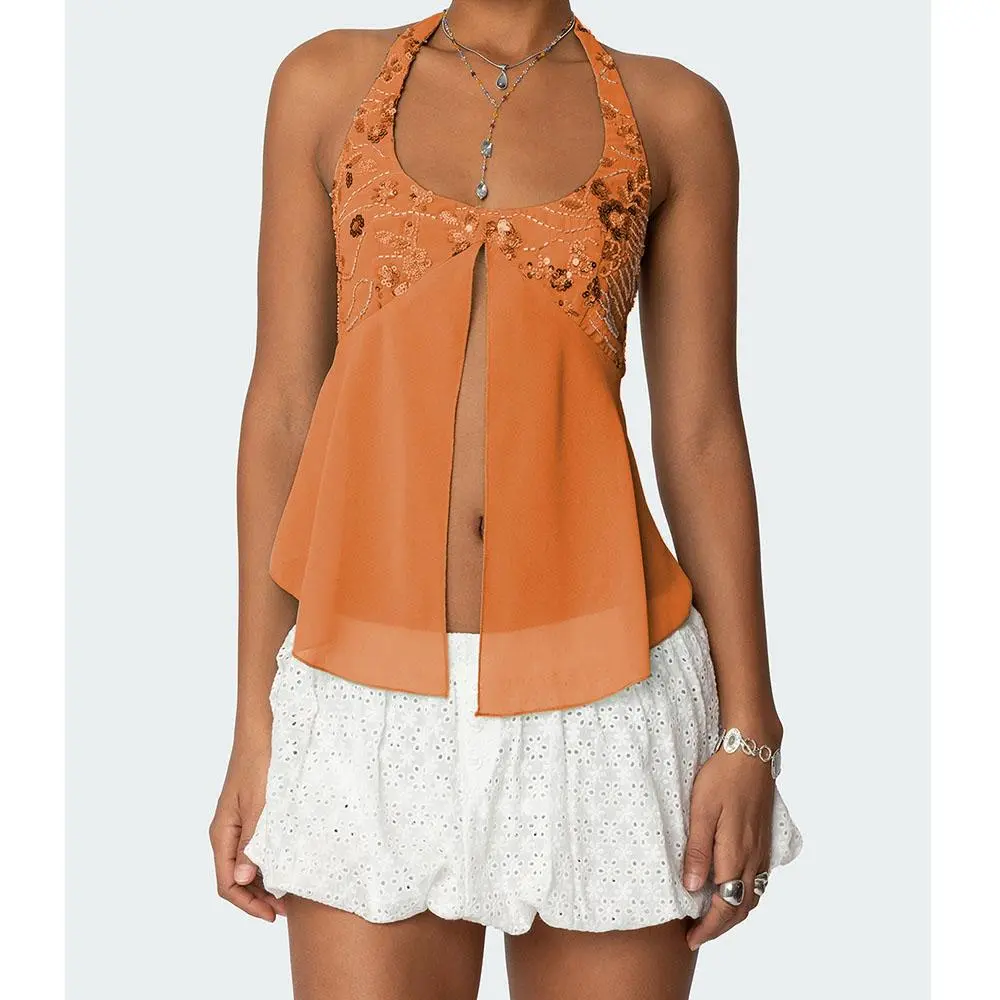 Sequins Halter Tanks Tops for Women y2k Coquette Sexy Sleeveless Pearl Embellished Mesh Patchwork Chic Lady Sparkle Camisole