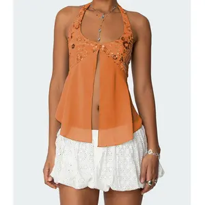 Sequins Halter Tanks Tops for Women y2k Coquette Sexy Sleeveless Pearl Embellished Mesh Patchwork Chic Lady Sparkle Camisole