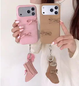 Cute Puffer Jacket Phone Case with 3D Bowknot - Soft Silicone Shockproof Cover for iPhone 17/16/15 Pro Max, Aesthetic Y2K Girl Trend, with Boot Charm (Pink & Beige) fashion gift