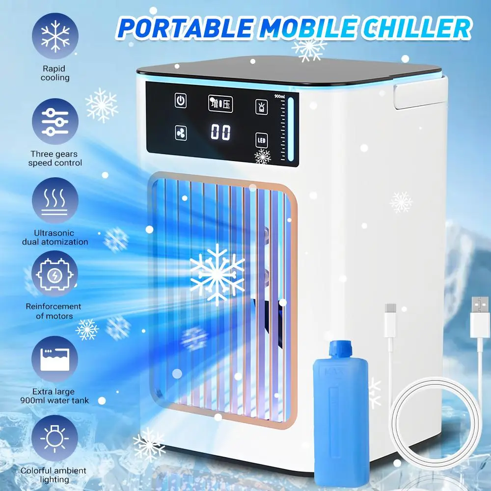 【DealsForYou】 Desktop Tower Fan with Dual Mist Humidifier – Portable Mini Air Conditioner Fan with 3 Speeds, 900ml Water Tank, Ice Box, USB Powered for Office, Bedroom, Dorm