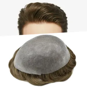 0.08mm Full PU Thin Skin Mens Toupee V-looped Knots Front Human Hair Replacement System For Men Hair Piece