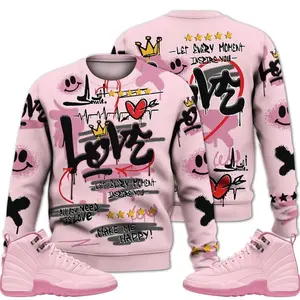 12 Retro Pearl Pink Sweatshirt, Pearl Pink 12s Shirt, Happy Love Beats Graffiti Outfits Streetwear Sneaker Matching Fabric Fleece