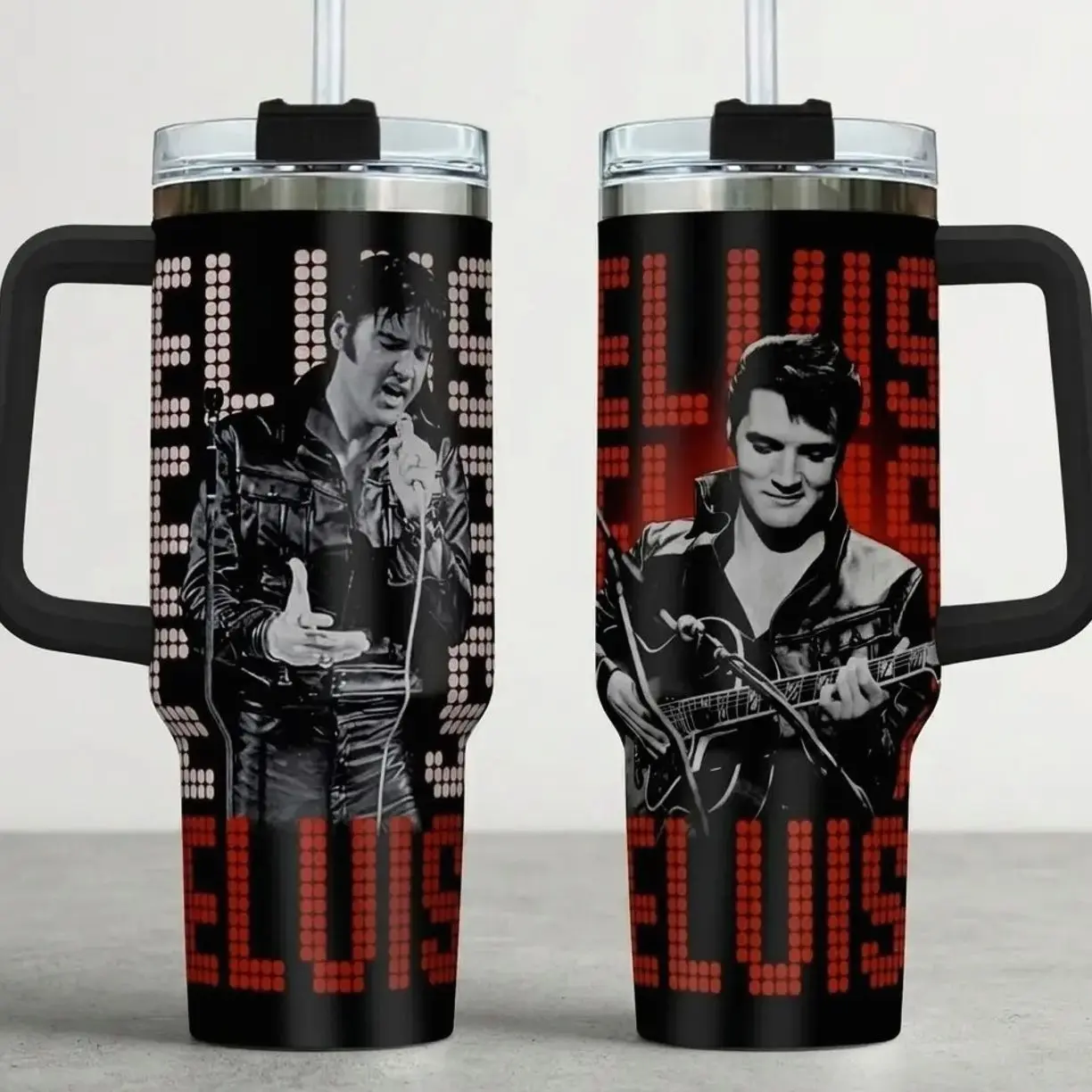 40oz Elvis Presley Inspired Stainless Steel Travel Tumbler with Handle & Straw, Guitar & Photo Collage Rock and Roll Cup, Gift for Adult Rock Lovers