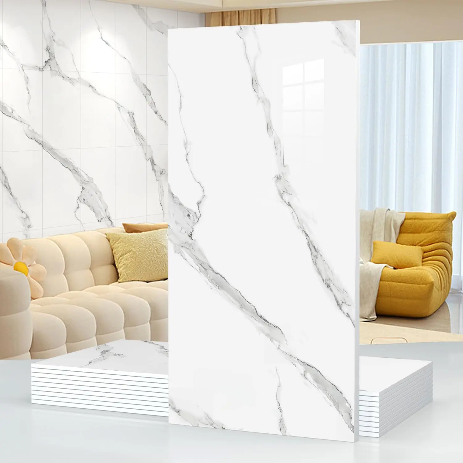 Self-Adhesive White Marble PVC Decorative Tile Stickers (11.8in x23.6in) - 10/20 Packs, 19.4 Sq. Ft., Waterproof, Heat-Resistant Backsplash for Kitchen, Bathroom Wall Decor, Tiles Sticker